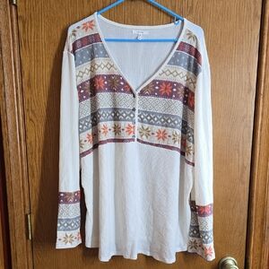Maurices Red and White Graphic Blouse with V-Neck